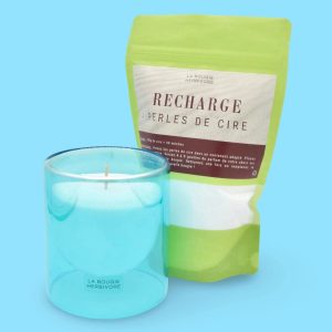 Pack Contenant à Bougie Goutte d'Eau "Bleu" + Recharge Bougie en Perles de Cire Végétale - 400g avec Mèches