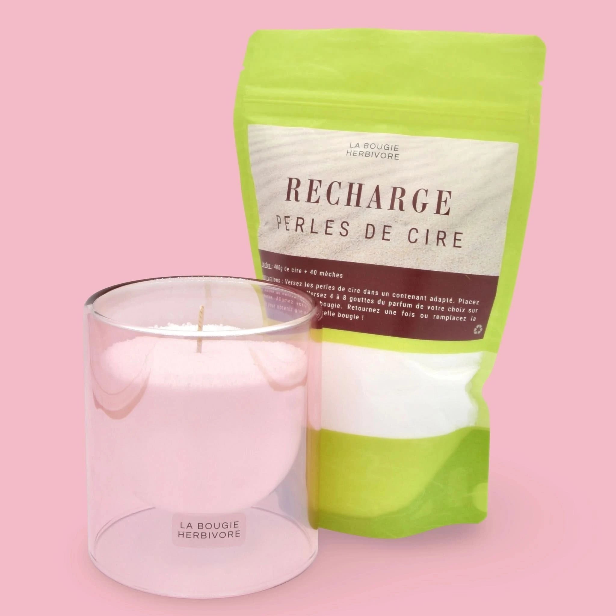 Pack Contenant à Bougie Goutte d'Eau "Rose" + Recharge Bougie en Perles de Cire Végétale - 400g avec Mèches