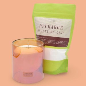 Pack Contenant à Bougie Goutte d'Eau "Ambre" + Recharge Bougie en Perles de Cire Végétale - 400g avec Mèches